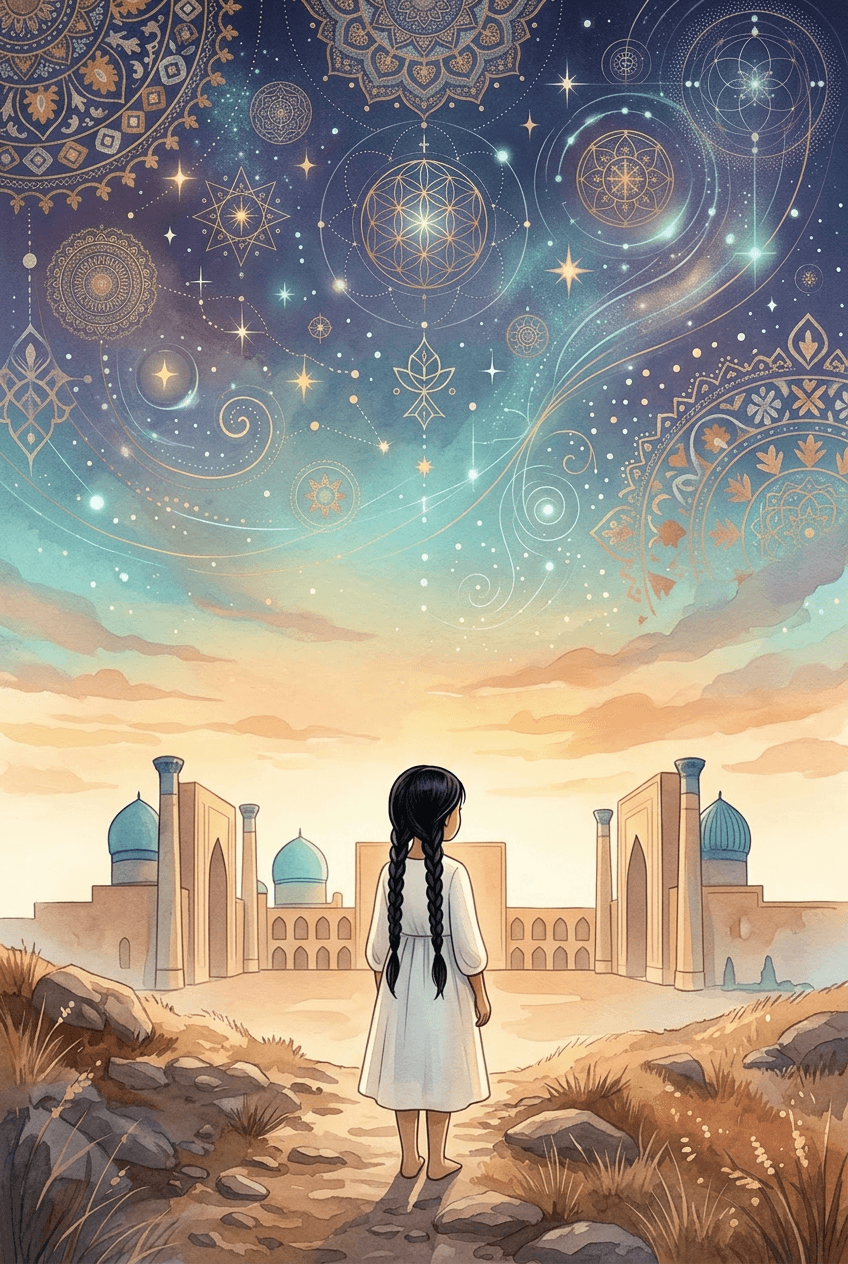 Girl gazing at Central Asian architecture under a mystical sky