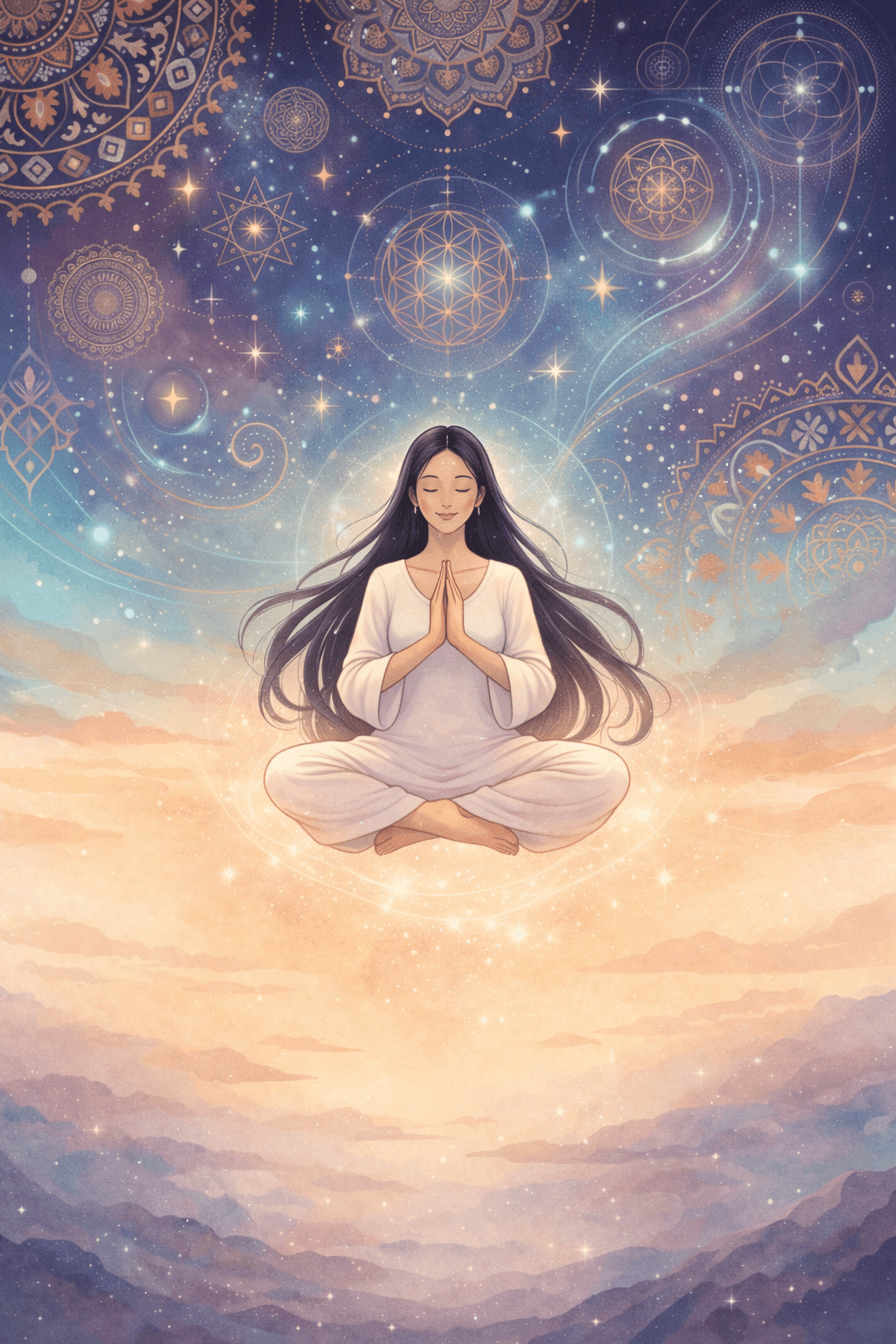Meditating woman in white dress floating above clouds, sacred geometry
