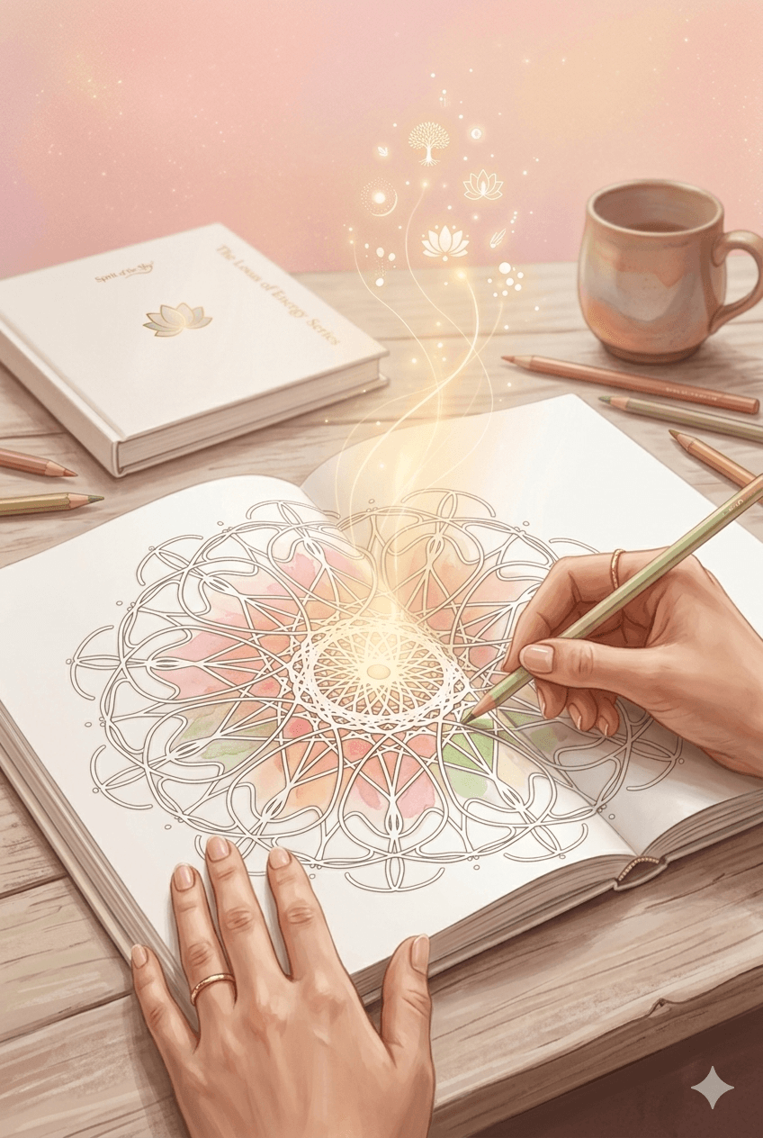 Hands drawing a mandala in a Spirit of the Sky journal